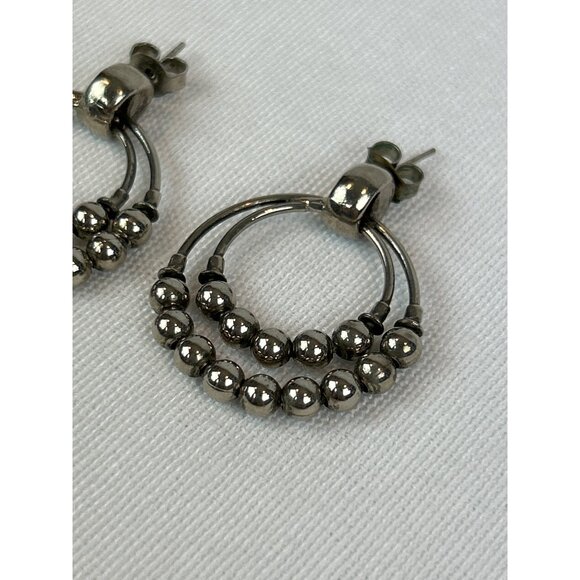 Vintage Silver Tone Double Hoop Ball Bead Earrings Post Pierced - Picture 3 of 6
